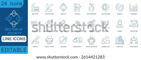 24 editable line icons for sectors of society, industry, finance, education, healthcare, technology, justice, environment, labor, and more. Perfect for reports, infographics, and UI, UX design.