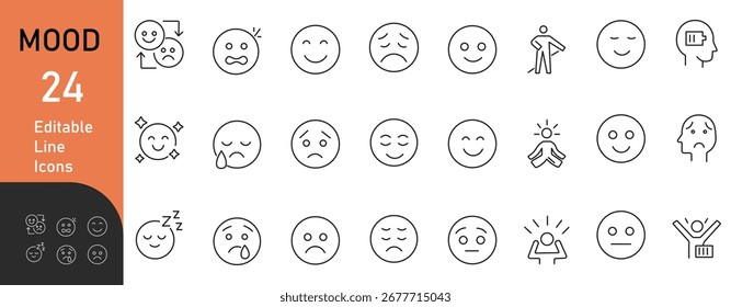 24 íconos de sentimiento de línea editables que muestran varias emociones en un estilo de contorno limpio, ideal para App, blogs, UI, UX y proyectos de salud mental.