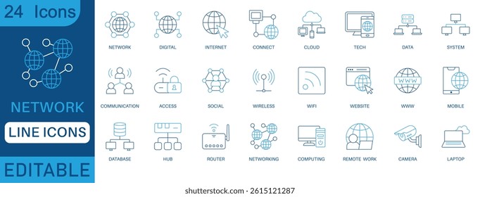 24 editable network line icons. Includes internet, cloud, WIFI, router, database, tech, communication, mobile, laptop, and digital web elements for UI, apps, and IT design.