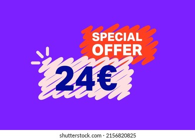 24 Euro OFF Sale Discount banner shape template. Super Sale Euro 24 Special offer badge end of the season sale coupon bubble icon. Modern concept design. Discount offer price tag vector illustration.