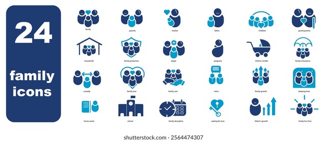 24 family icon pack in dark blue and navy blue colour