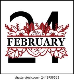 24 February Floral Split Silhouette Counting Vector Design | Print Design | Cut file | Shirt Design | Birthday Gift