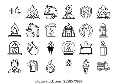 "24 fire vector line icons for safety, emergencies, clipart, print designs, and digital illustrations."






