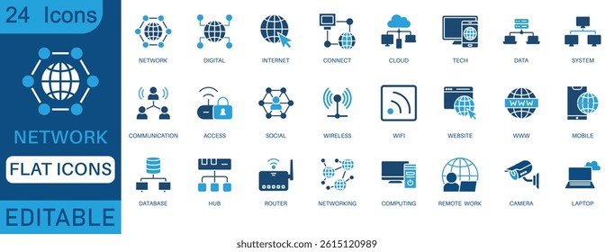 24 flat editable network icons. Includes internet, cloud, router, WIFI, digital, data, mobile, computing, website, and tech elements. Perfect for UI, IT, app, and web design projects.