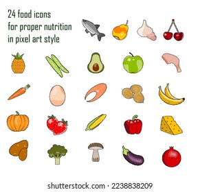24 food icons for proper nutrition in pixel art style. Sea fish, pear, garlic, cherry, pineapple, green bean, avocado, green apple, chicken leg, carrot, egg, red fish, hazelnut, banana, pumpkin, straw