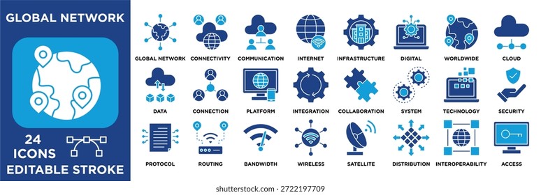 24 Global network icon set editable featuring connectivity, internet, cloud, data, security, wireless, infrastructure, and digital technology systems worldwide. solid icon vector