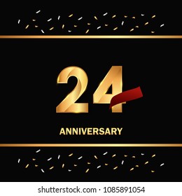 24 gold anniversary celebration design with red ribbon and glitter element, isolated on black background