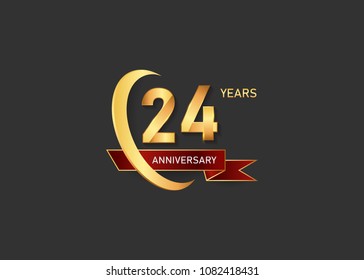 24 golden anniversary design logotype  with gold swoosh ring and red ribbon can be used  for celebration event, isolated on dark background