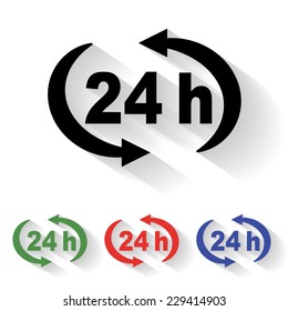 24 h icon - black and colored (green, red, blue) illustration with shadow