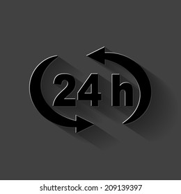24 h icon - black vector illustration with shadow on dark background