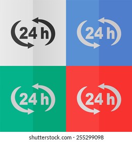 24 h vector icon. Effect of folded paper. Colored (red, blue, green) illustrations. Flat design