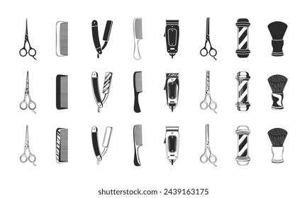 24 Haircut or barbershop icons and elements isolated on white background. 8 Barbershop and haircuts salon design elements in 3 other styles. Vintage and simple barber icons. Vector illustration