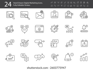 24 Hand-Drawn Digital Marketing Icons – SEO, Social Media, Email, PPC, Analytics, Branding, and More – Editable Line Art Vector Set for Websites, Apps, and Presentations