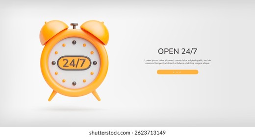 24 hour 7 days service 3d banner. Yellow vector alarm clock with 24, 7 description on dial face. Concept of all-day 24 hour customer service. Realistic support service web page, light gray background