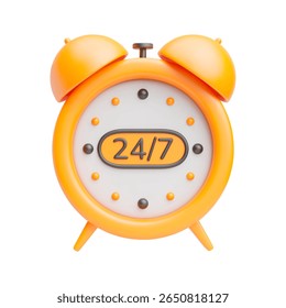 24 horas 7 dias de serviço ícone 3d. Relógio de alarme de vetor amarelo com 24, 7 legenda no mostrador. Conceito de atendimento ao cliente 24 horas por dia. Símbolo de serviço de suporte realista isolado no fundo branco