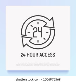 24 hour access thin line icon: clock in arrows. Modern vector illustration of day and night service. 