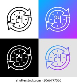 24 hour access thin line icon, clock in arrows. Modern vector illustration of day and night service. 