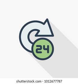 24 hour, around the clock, day and night thin line flat color icon. Linear vector illustration. Pictogram isolated on white background. Colorful long shadow design.