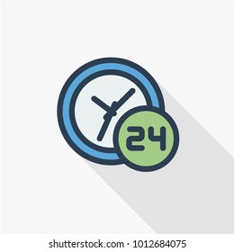 24 hour, around the clock, day and night thin line flat color icon. Linear vector illustration. Pictogram isolated on white background. Colorful long shadow design.