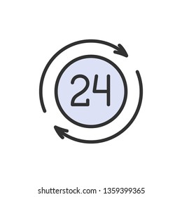 24 hour available services flat color line icon.