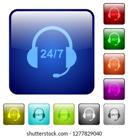 24 hour call center icons in rounded square color glossy button set