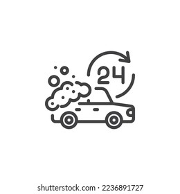 24 hour car wash line icon. linear style sign for mobile concept and web design. Car wash service outline vector icon. Symbol, logo illustration. Vector graphics