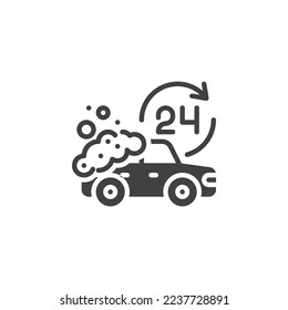 Icono vectorial de lavado de coches las 24 horas. signo plano relleno para concepto móvil y diseño web. Icono de glifo de servicio de lavado de coches. Símbolo, ilustración del logotipo. Gráficos vectoriales