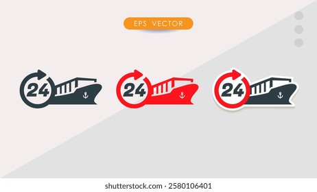 24 hour cargo fast delivery symbol with ocean ship icon and arrow clock, flat icon design for apps and websites, Isolated on white background, Vector illustration