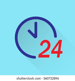 24 hour clock icon. 24 hours a day or round the clock symbol in flat style. Vector illustration.