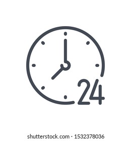 24 hour clock line icon. Watch with 24 support vector outline sign.