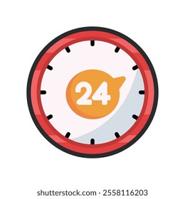 24 hour clock with outline in flat vector design.