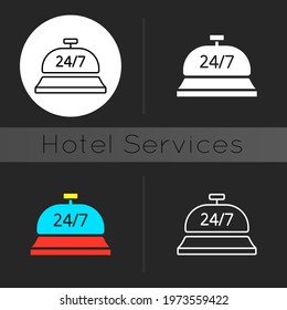 24 hour concierge service dark theme icon. Person who takes charge of all arrangements and solves any issues. Linear white, simple glyph and RGB color styles. Isolated vector illustrations