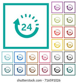 24 hour delivery flat color icons with quadrant frames on white background