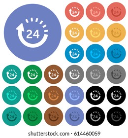 24 hour delivery multi colored flat icons on round backgrounds. Included white, light and dark icon variations for hover and active status effects, and bonus shades on black backgounds.