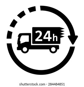 24 Hour Delivery Symbol With Movement Truck Silhouette