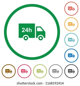 24 hour delivery truck flat color icons in round outlines on white background