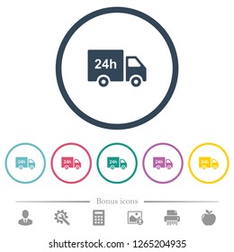 24 hour delivery truck flat color icons in round outlines. 6 bonus icons included.
