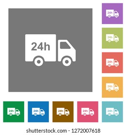 24 hour delivery truck flat icons on simple color square backgrounds