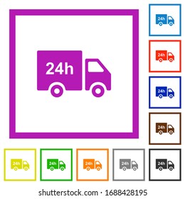 24 hour delivery truck flat color icons in square frames on white background