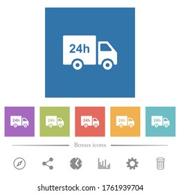 24 hour delivery truck flat white icons in square backgrounds. 6 bonus icons included.