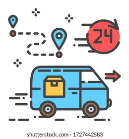 24 hour delivery under the door color line icon. Freight transport sign. Express shipping. Sign for web page, app. UI UX GUI design element. Editable stroke.