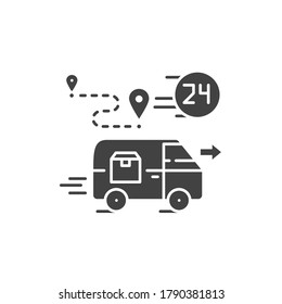 24 hour delivery under the door black glyph icon. Freight transport sign. Express shipping. Sign for web page, app. UI UX GUI design element