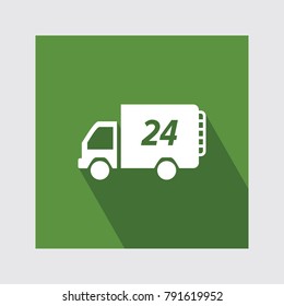 24 hour delivery van flat icon with long shadow