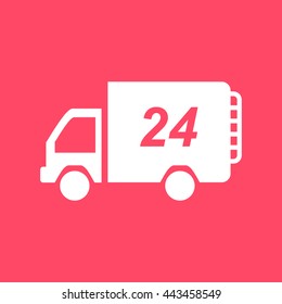 24 Hour Delivery Van white icon on magenta color background. Eps-10.