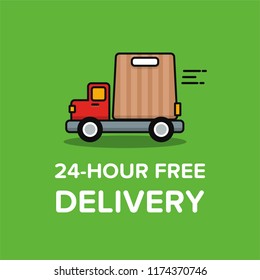 24 Hour Free Delivery Sticker with Truck and Bag Vector Illustration