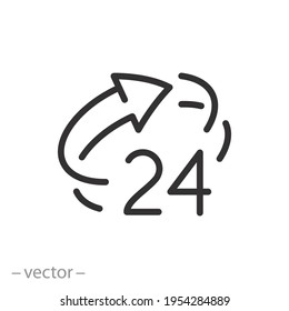 24 hour icon, around the clock work service or support, open anytime 7 day, always time help line, online available, thin line symbol on white background - editable stroke vector eps10