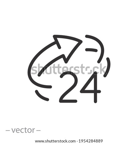 24 hour icon, around the clock work service or support, open anytime 7 day, always time help line, online available, thin line symbol on white background - editable stroke vector eps10