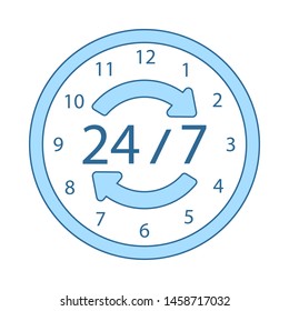 24 Hour Icon. Thin Line With Blue Fill Design. Vector Illustration.