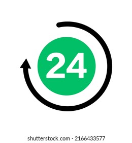 24 hour mark and rotating arrow. 24 hour business sign. Business hours. Vector.