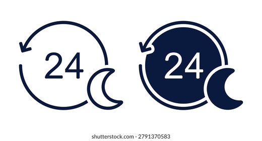 24 Hour Night Icon with Moon and Time Symbol. Around the Clock Service. Vector Illustration
